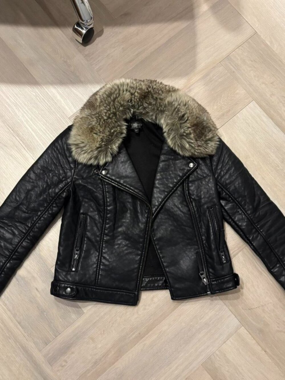 Topshop removable fur collar leather jacket
